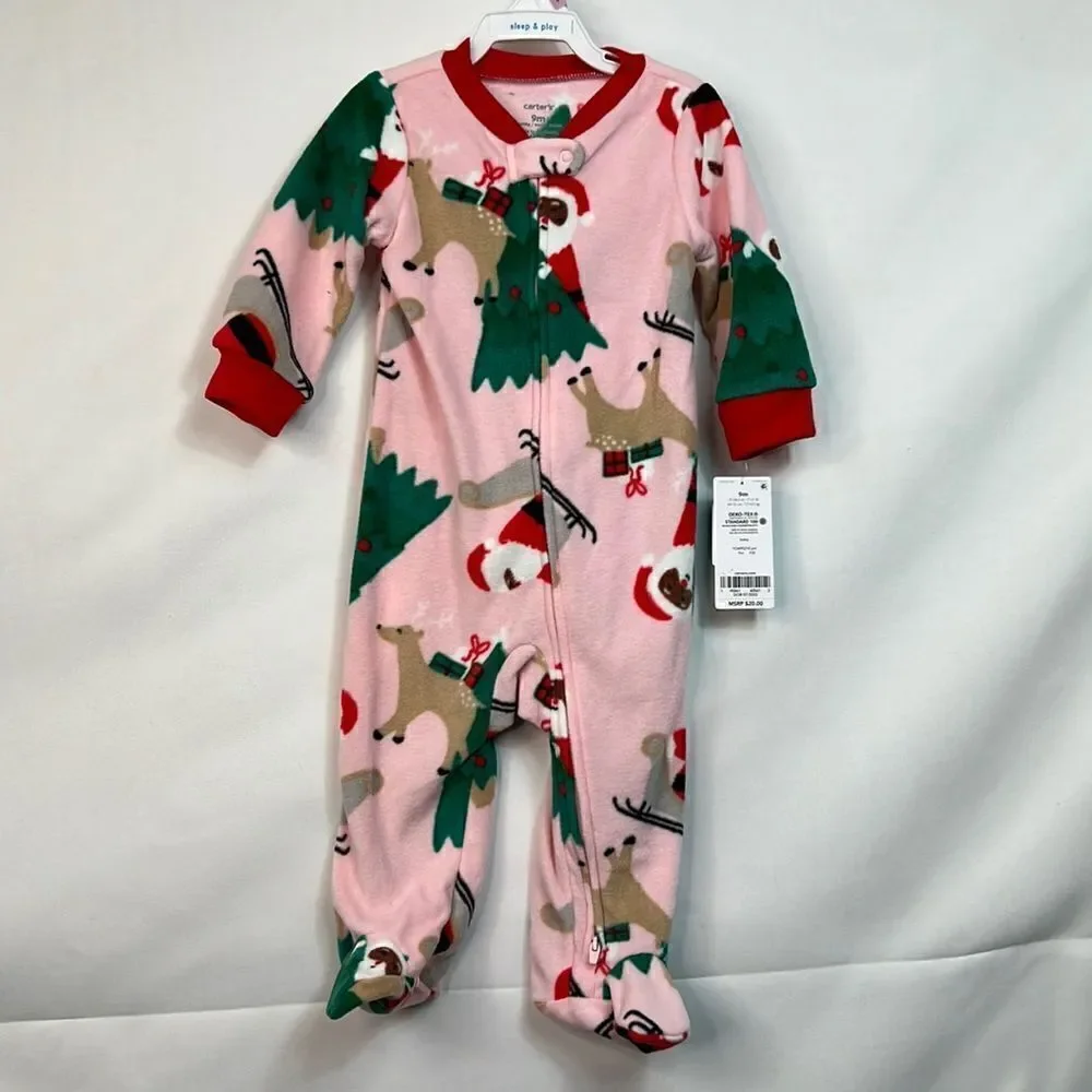 Carter’s Pink Brown Santa Sleep and Play fleece 9 months NWT